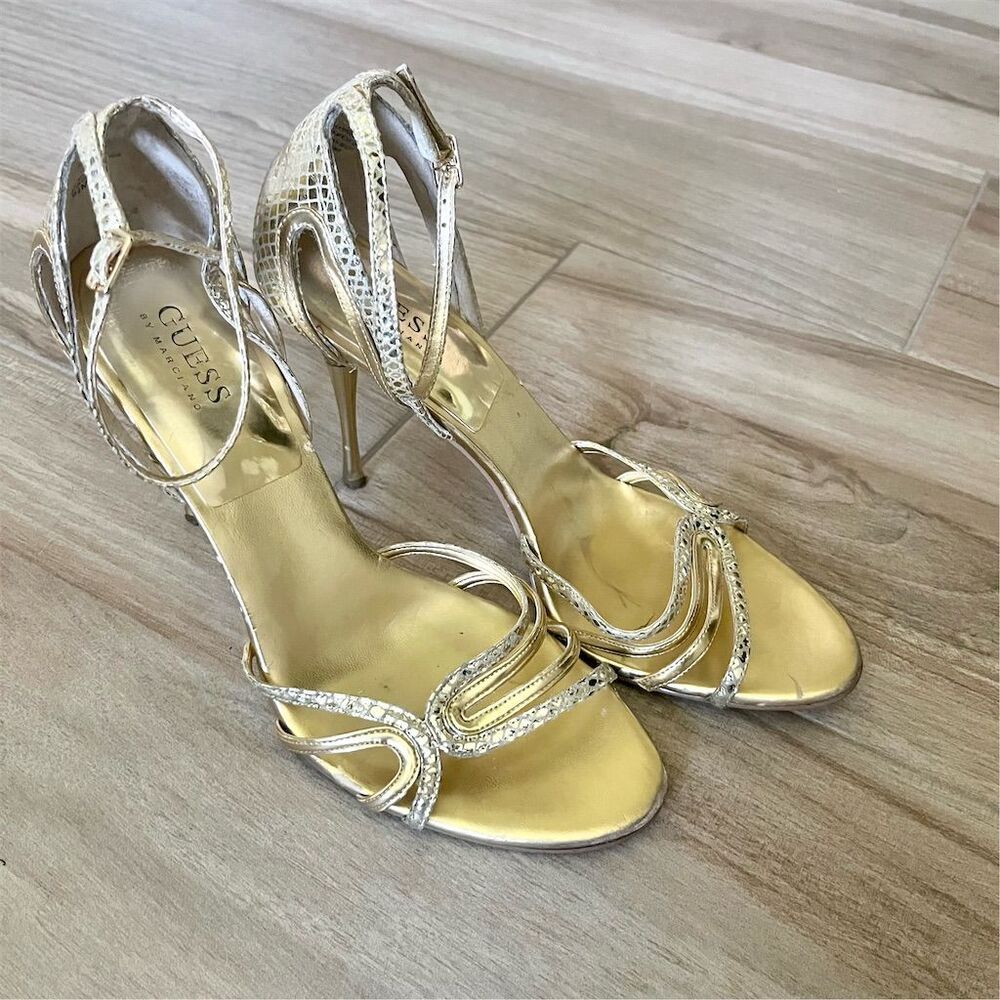 GUESS Women's Gold Strappy Stiletto Heels Size 9.5 Formal Open Toe